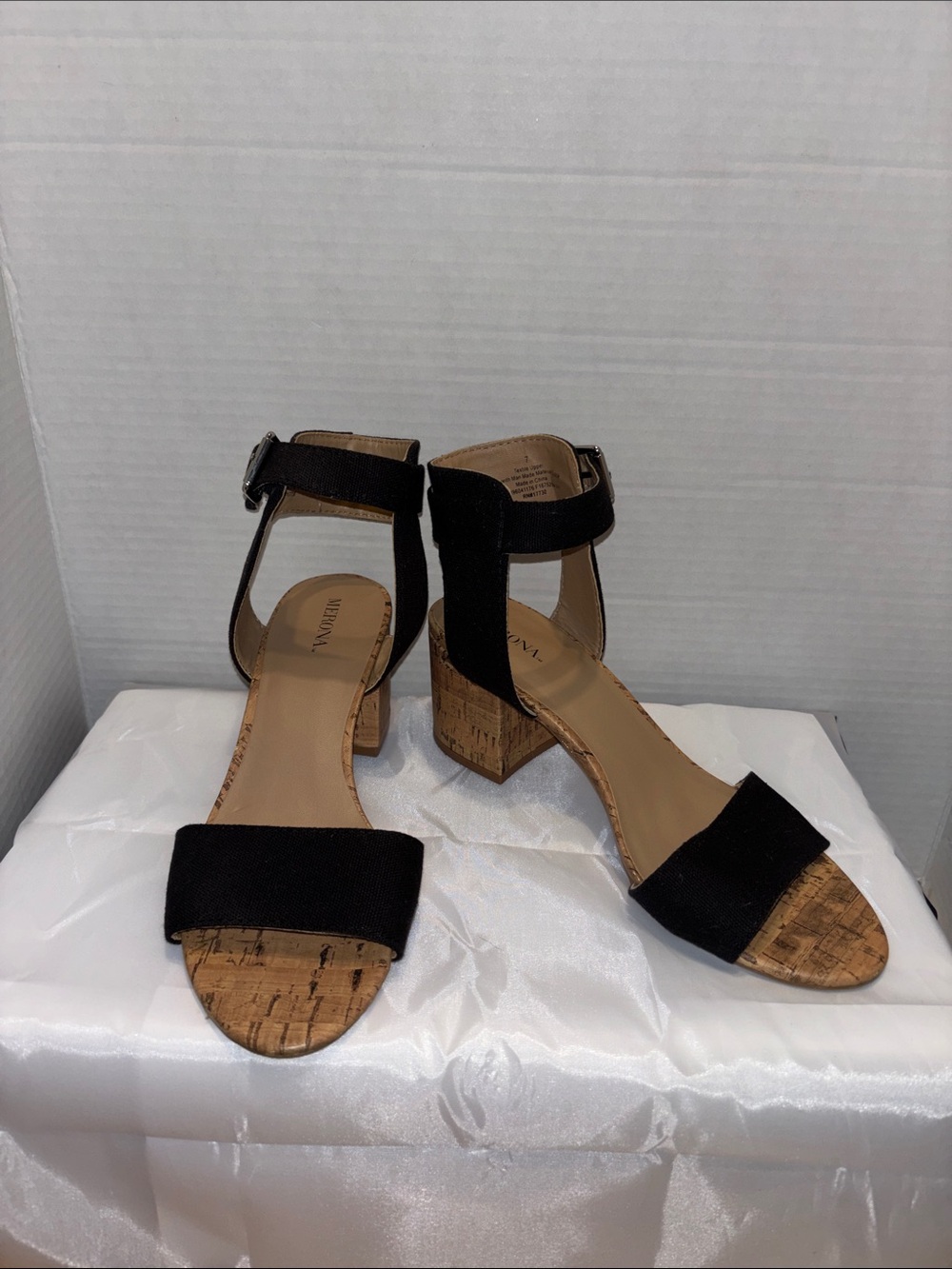 MERONA Black Cork Block Heel Sandals with Ankle Strap